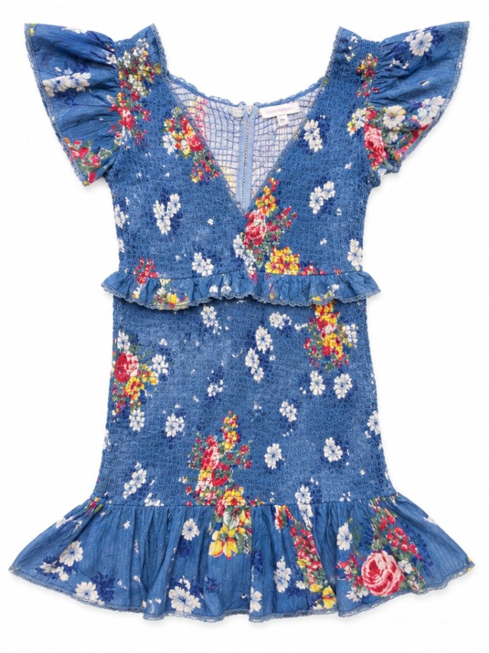 LoveShackFancy Blue Floral Smocked Mini Dress Ruffle Sleeve  Size S